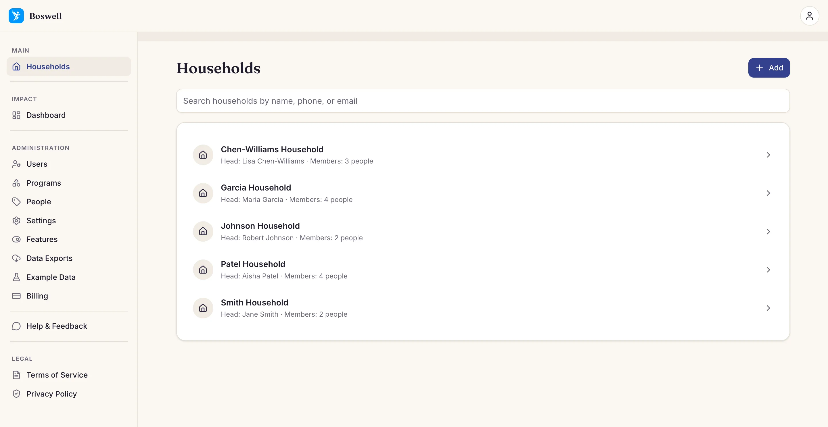 Boswell's Households screen: a searchable list of client households, each showing the head of household and number of members
